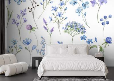 Blue flowers digital illustration, summer design, watercolor hand painting. Perfectly for printing, sublimation.	 Wall mural